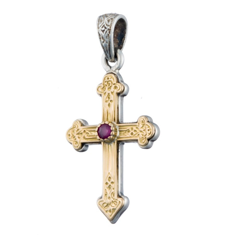 Etched Gold/Siver Orthodox Cross with ruby